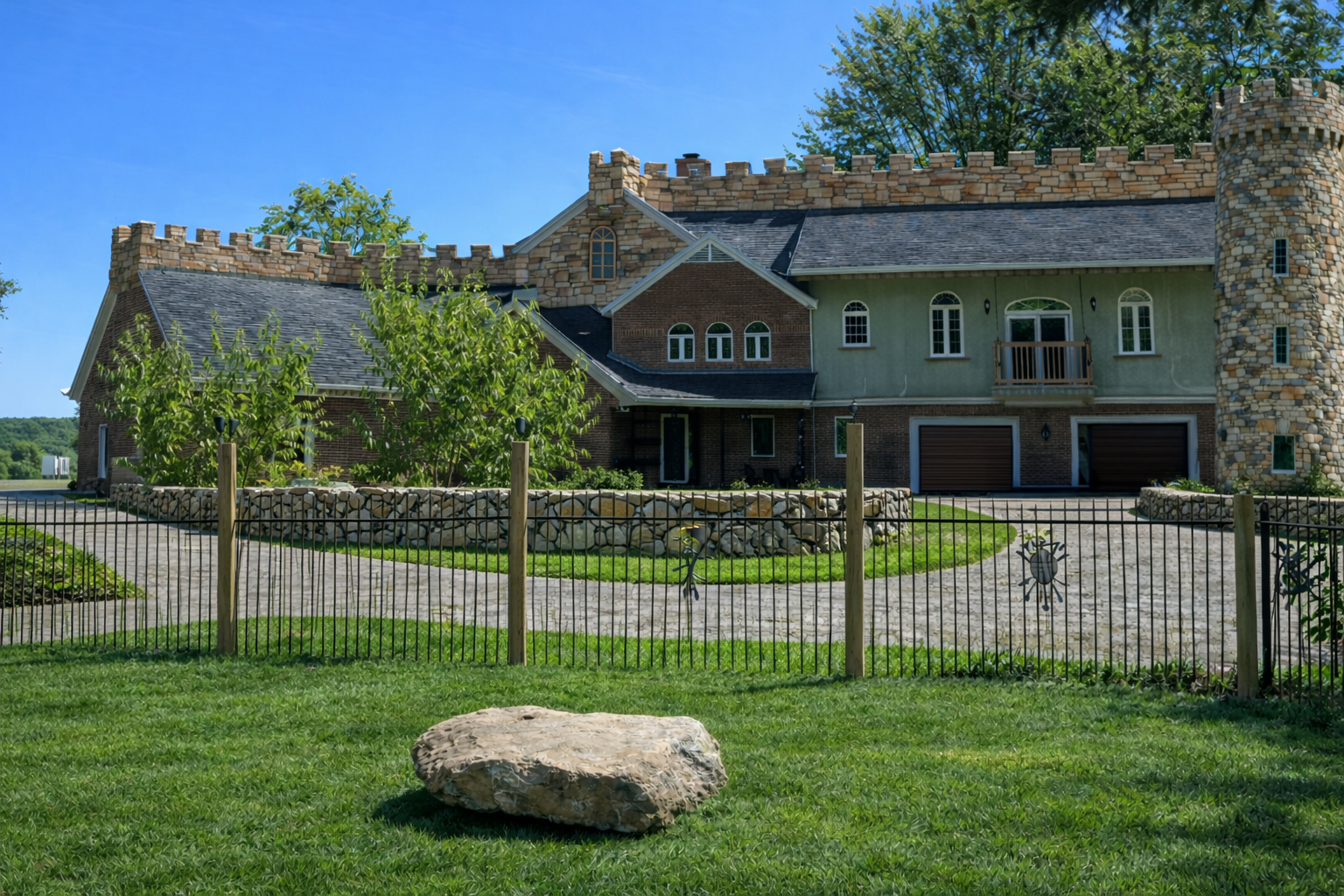 Large stone house with a castle-like design in a suburban setting