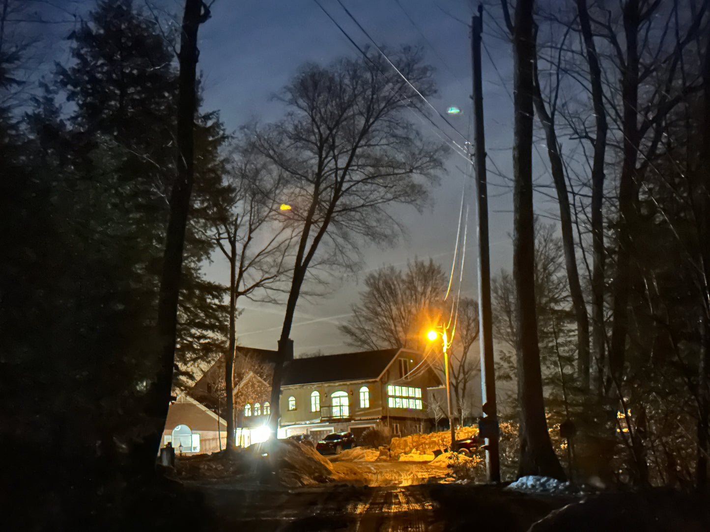 Mansion in the woods at night with lights on