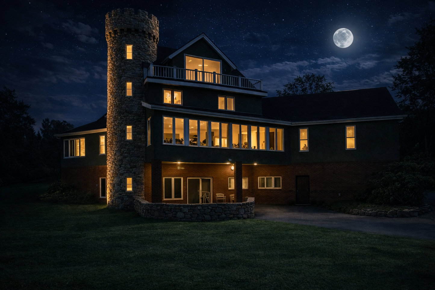 Large house with a tower at night under a full moon
