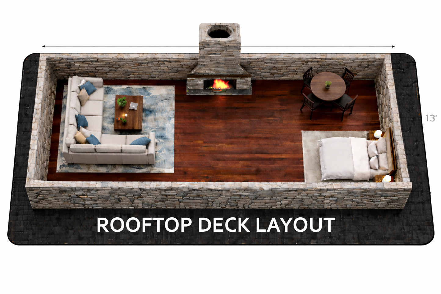Top-down view of a rooftop deck layout with furniture and fireplace.