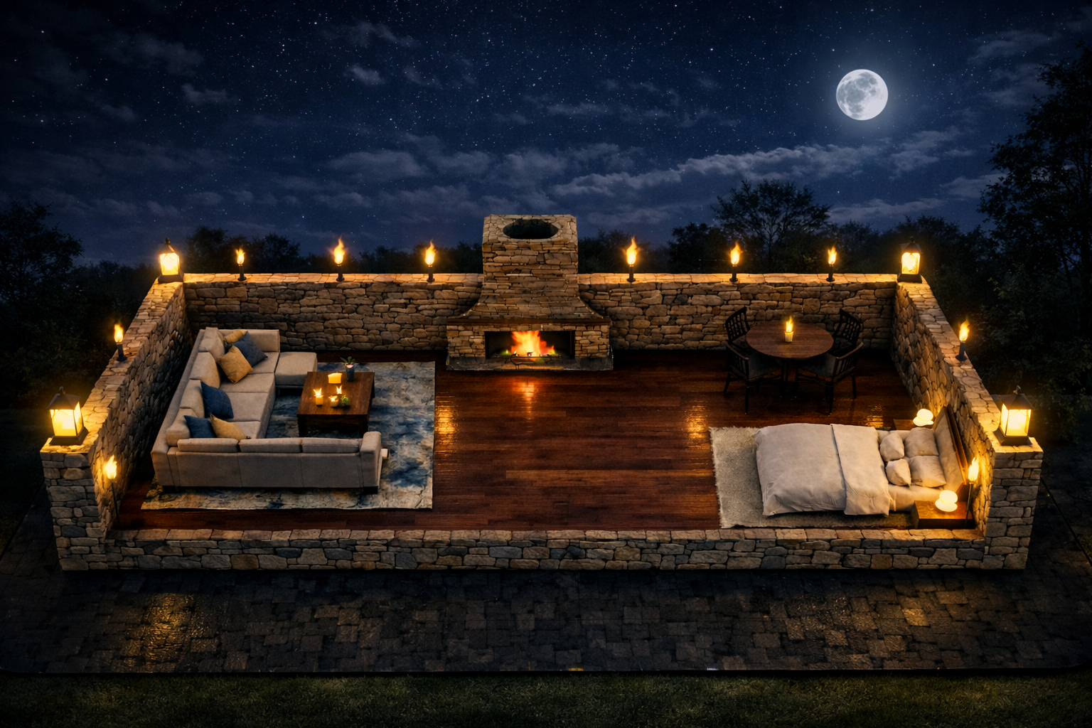 Outdoor sky deck with stone fireplace and seating at night under a full moon.