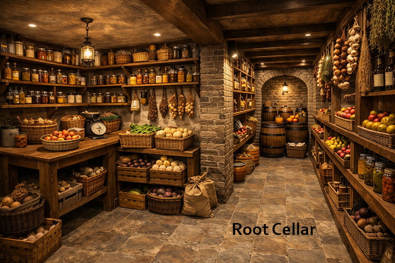Root cellar with shelves stocked with various produce and jars.