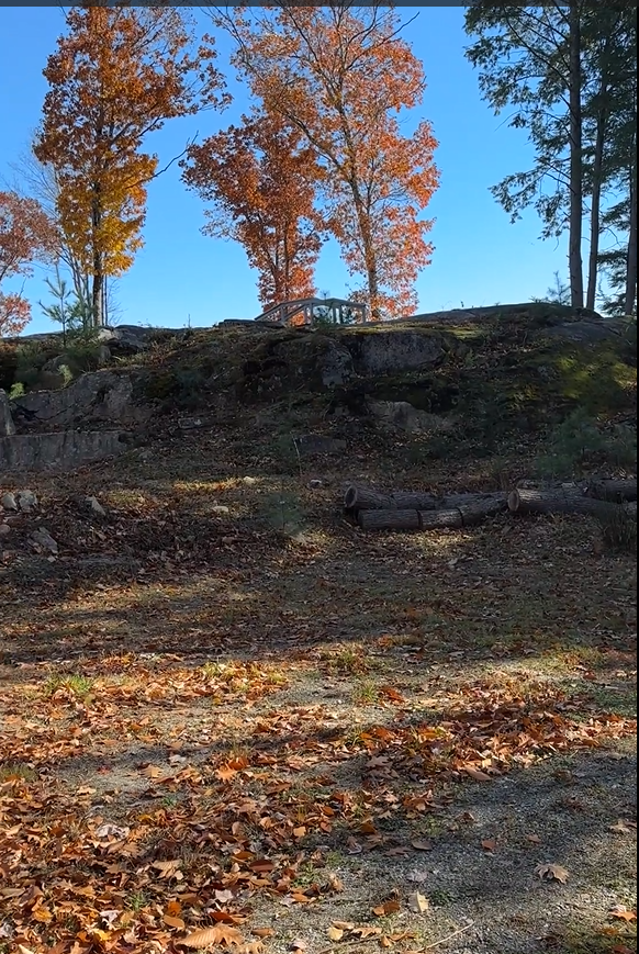 Driveway ledges and outcroppings Autumn bridge  scene with trees and fallen leaves on a clear day