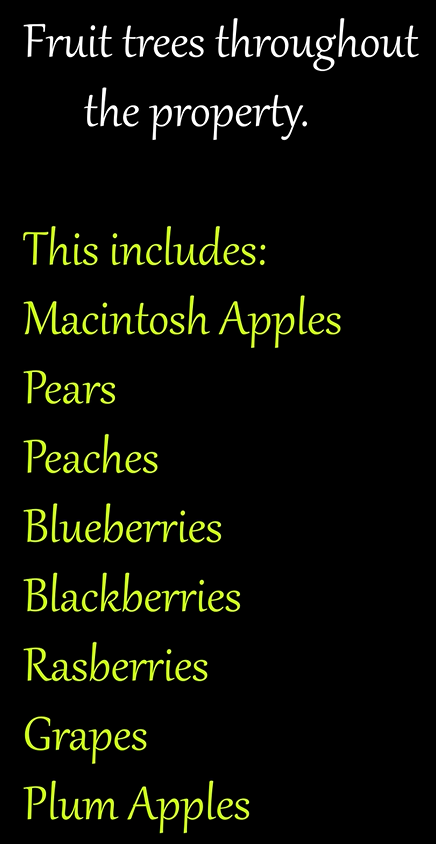 List of fruit trees on a black background with yellow text. Nature View NH Estate