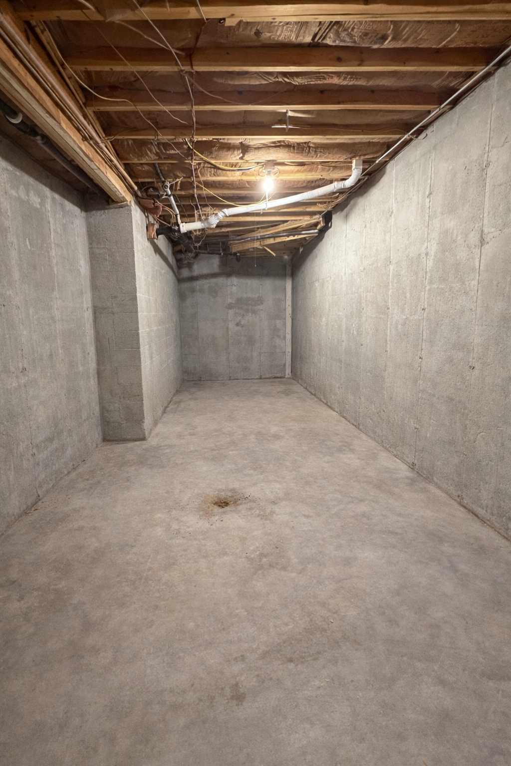 wine cellar with concrete walls and floor, exposed wooden beams, and ductwork. drain in floor.