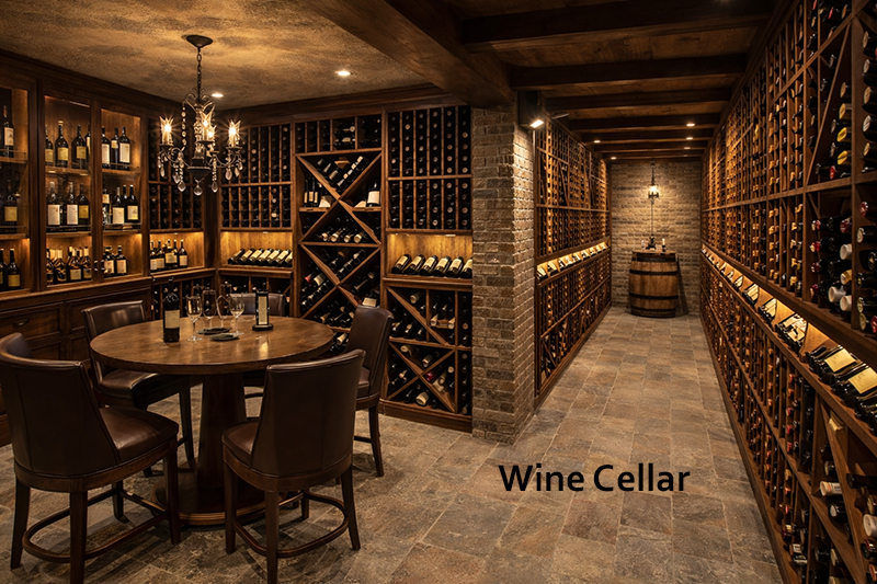 Wine cellar with wooden shelves and a table with wine bottles.