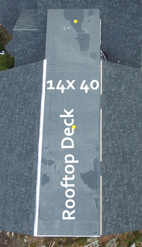 Measurement chart for a rooftop deck with dimensions 14x40 on a rubber surface.